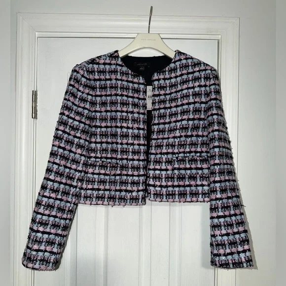 Ann Taylor Pink, Black & Light Blue Tweed Cropped Blazer - Picture 1 of 5